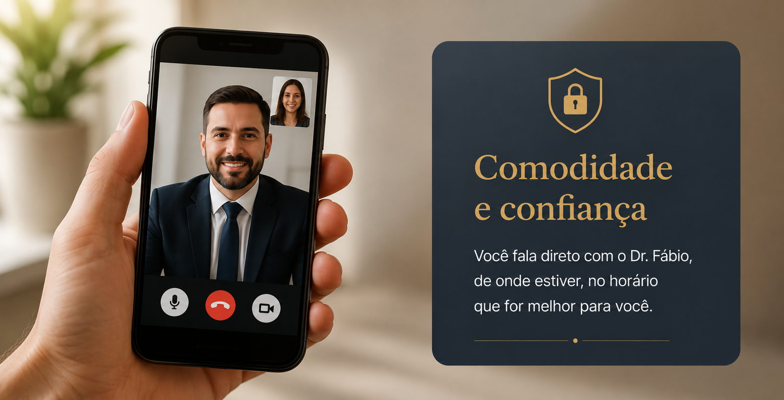 Celular na mão exibindo uma videochamada com o Dr. Fábio, ao lado do selo Comodidade e confiança: você fala direto com o Dr. Fábio, de onde estiver, no horário que for melhor para você.